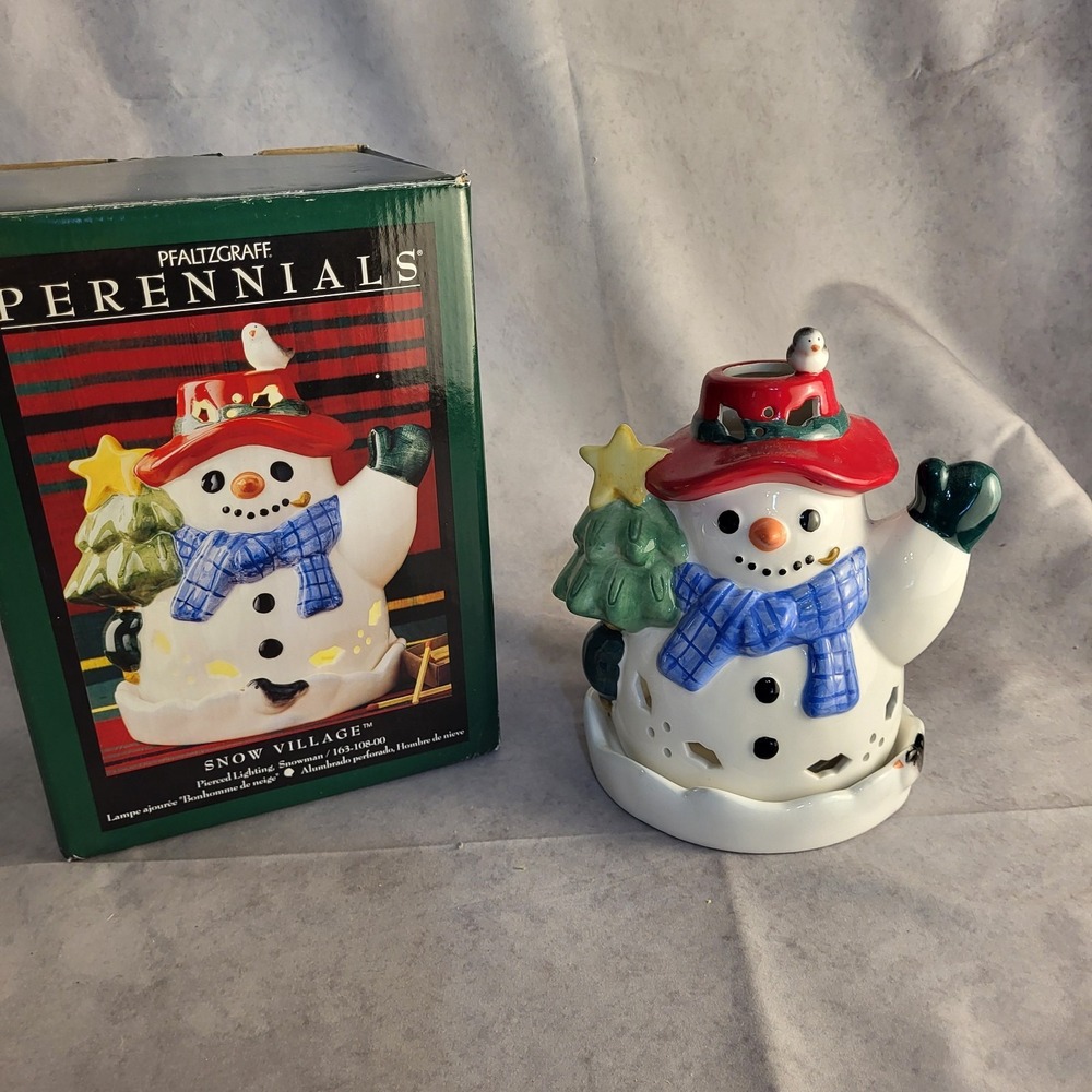 Vtg Y2K 7" Pfaltzgraff Perennials Snow Village Pierced Lighting Snowman + Box